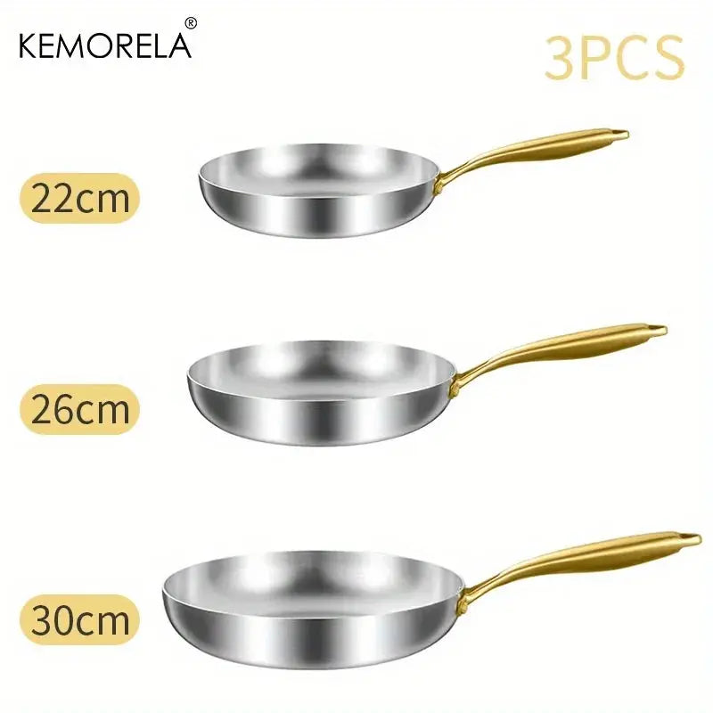 KEMORELA 3PCS 316 Stainless Steel Gold Handle Non-Stick Frying Pan Set 2MM Thick 5-Ply Wok Pan Food Grade Safety Multiple Sizes Smarty Chef