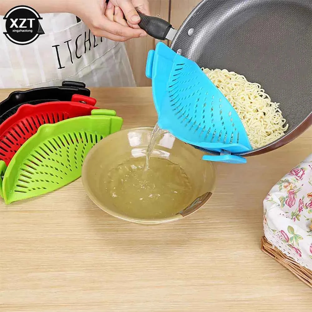 Kitchen Strainer Clip Pan Silicone Drain Rack Bowl Funnel Rice Pasta Vegetable Washing Colander Draining Excess Liquid Univers