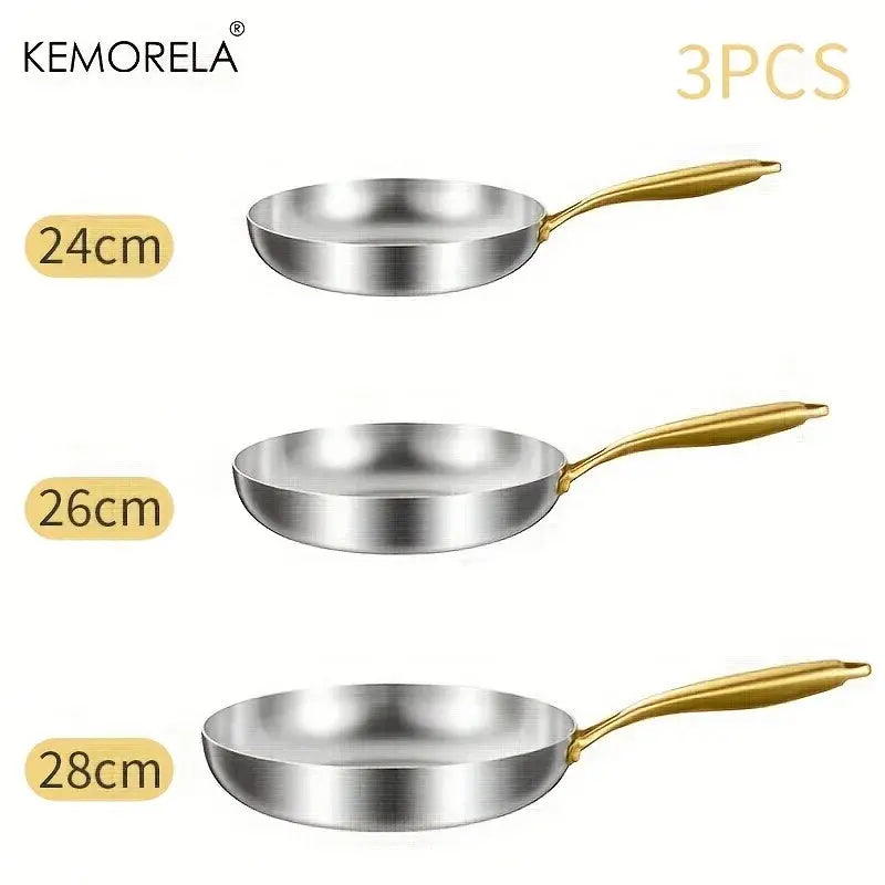 KEMORELA 3PCS 316 Stainless Steel Gold Handle Non-Stick Frying Pan Set 2MM Thick 5-Ply Wok Pan Food Grade Safety Multiple Sizes Smarty Chef