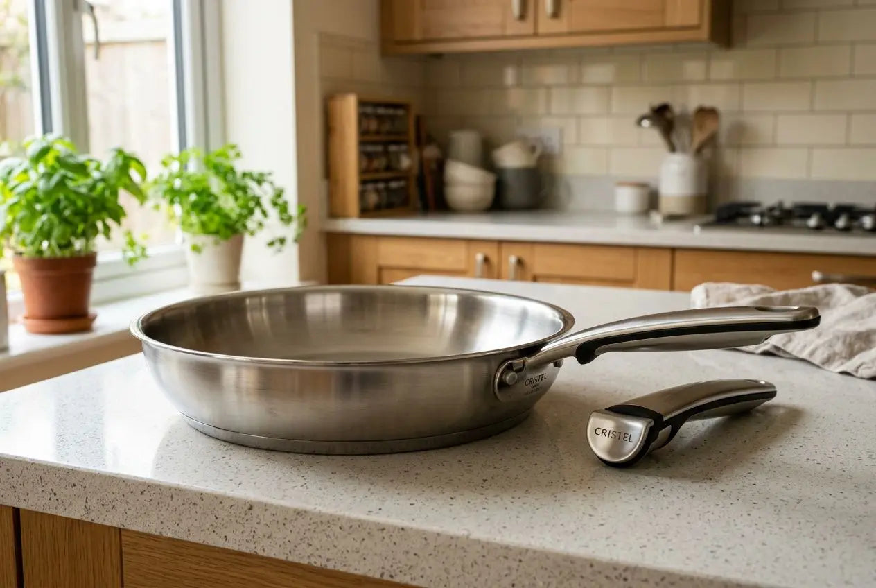Poêle inox Cristel avis : poêle en inox brillant sur îlot de cuisine avec poignée amovible et accessoire Cristel à côté.